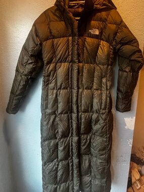 The North Face Olive Green Long Quilted Puffer Coat with Hood